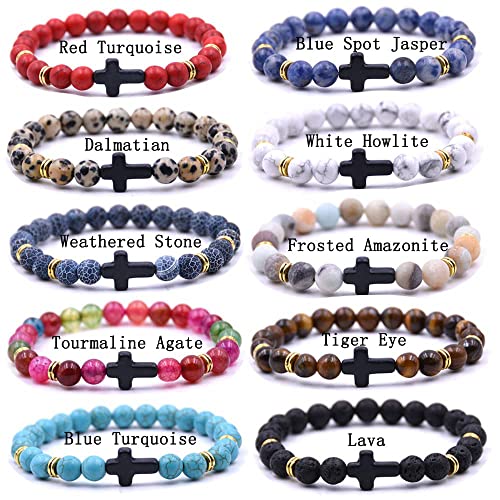 Beaded Bracelets Cross Bracelet for Women Men Lava Rock Turquoise Tiger Eye Natural Bracelet Anxiety Healing - color: 10 Pcs- black cross