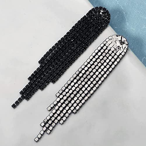 Mlouye 3.3"L Rhinestone Earrings Dangling Long Fringe Crystals Chandelier Dangle Drop Earrings for Women - color: 1-Pierced-Black