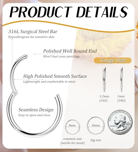 3pcs Nose Rings Hoops - 316L Surgical Steel Hinged Nose Hoops 16G/18G/20G CZ Clicker Septum Nose Ring Lip Helix Cartilage Hoop Earring Daith Rook Conch Body Piercing Jewelry for Women Men 8mm 10mm - color: Silver, size: 16 gauge(1.2mm)-8mm