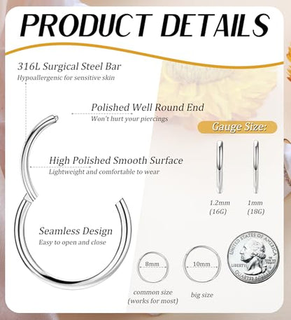 3pcs Nose Rings Hoops - 316L Surgical Steel Hinged Nose Hoops 16G/18G/20G CZ Clicker Septum Nose Ring Lip Helix Cartilage Hoop Earring Daith Rook Conch Body Piercing Jewelry for Women Men 8mm 10mm - color: Silver, size: 16 gauge(1.2mm)-8mm