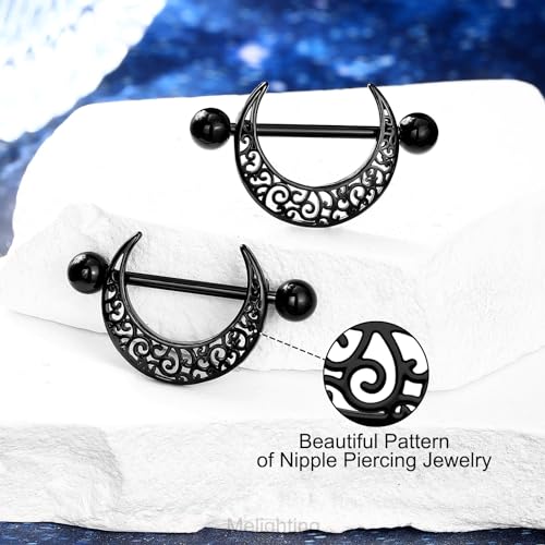 Melighting Black Nipple Rings 14G Pattern Piercing Jewelry for Women - Stainless Steel 316L Moon Barbell