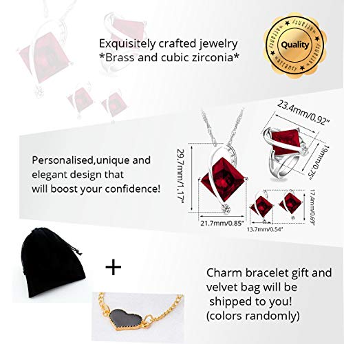 Uloveido Charm Created Topaz Big Square Crystal Necklace Matching Stud Earrings Rings Jewelry Set T295 - color: Red