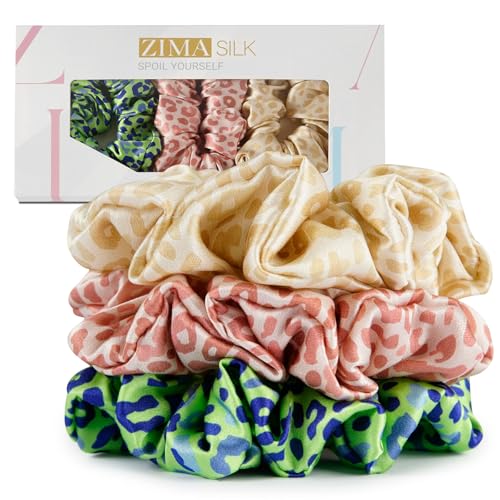 ZIMASILK 100% Pure Mulberry Silk Hair Scrunchies for Women | No Damage - Gentle Elastic Hair Ties for Ponytail Holder - Hair Accessories (3 Pack, Leopard Print) - color: Leopard Print (3pcs)
