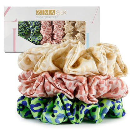 ZIMASILK 100% Pure Mulberry Silk Hair Scrunchies for Women | No Damage - Gentle Elastic Hair Ties for Ponytail Holder - Hair Accessories (3 Pack, Leopard Print) - color: Leopard Print (3pcs)