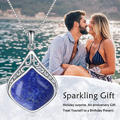 YAFEINI Teardrop Necklace Sterling Silver Filigree Irish Pendant Necklace Natural Stone Moonstone/Lapis Lazuli/Larimar/Moss Agate Necklace Jewelry - color: Lapis Lazuli teardrop necklace