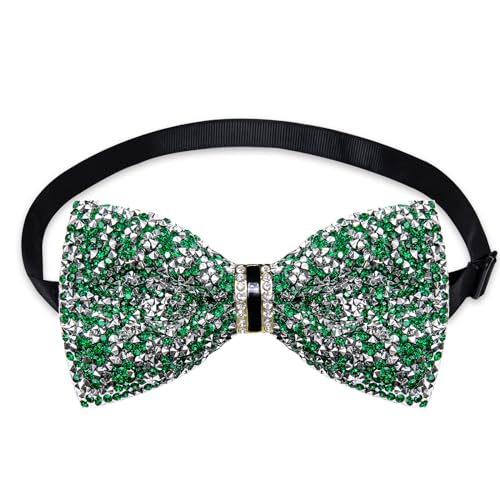 DiBanGu Mens Rhinestone Bow Tie with Ring and Lapel Pin Set | Adjustable Strap,Pre-tied Style,3PCS,Sequin Diamond Bowties，Solid/Mix Color,Shiny Accessory,for Party Prom Banquet Wedding - color: Green and Silver