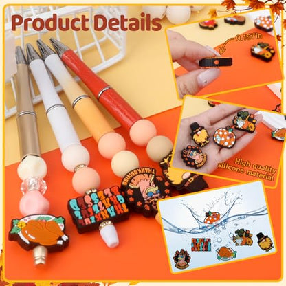 12pcs Thanksgiving Day Silicone Focal Beads for Pens | Focal Beads for Keychain Making, Pens, Bracelet,Necklace Crafts,Bulk Silicone Beads for DIY（Thanksgiving Day） - color: Thanksgiving Day