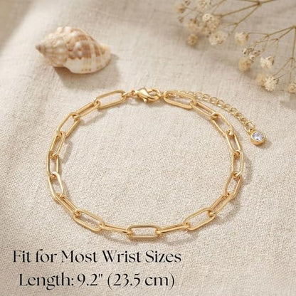 Solza 2 Layer Gold Plated Bracelet – Stainless Steel Adjustable Layered Chain with 3mm Beads, 18K Gold Plated Non Tarnish Jewelry for Women, Elegant Beaded Bracelet Stack for Everyday Wear - style: Paper Clip Chain