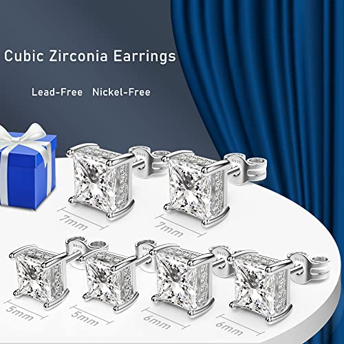 Princess Cut Cubic Zirconia Stud Earrings for Men Women | Square CZ Simulated Diamond Studs, 18K White Gold Plated Sterling Silver, Hypoallergenic - color: White Gold, size: 7MM