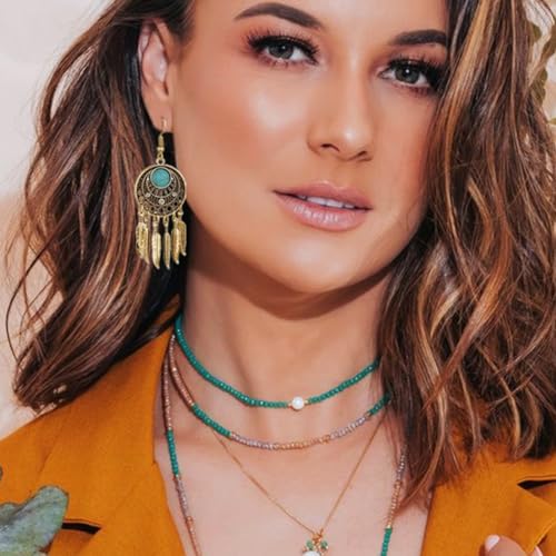 Blue Turquoise Dream Catcher Feather Earrings for Women Vintage Bohemian Western Jewelry - style: Gold Turquoise
