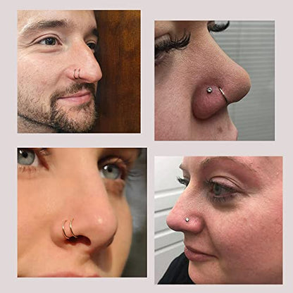 21PCS 18G 20G 22G 316L Stainless Steel Nose Rings Hoop for Women Men Double Nose Ring CZ Nose Stud Piercing Jewelry - color: 20G-Gold tone