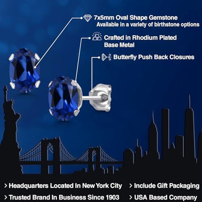 Gem Stone King Oval Gemstone Birthstone Stud Earrings for Women Men | Oval Cut 7X5MM | Fine Jewelry Gifts for Mom Dad Wife Him Her - style: Blue Created Sapphire, September