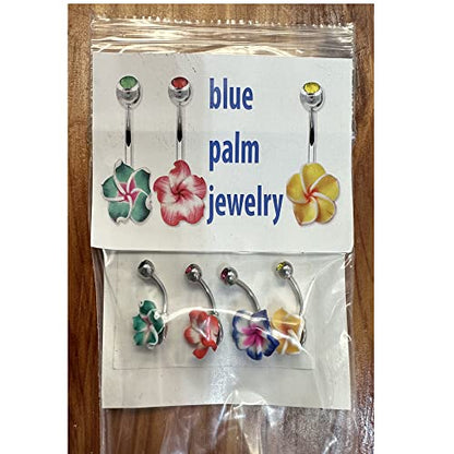 Assorted Set 14 Gauge 3/8 Inch 316L Surgical Steel Barbell Belly Button Navel Rings Dangles Boho Hawaiian Plumeria Flower - style: 4 Belly Rings
