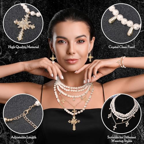 Tondiamo 3 Pcs Gothic Jewelry Set Cross Necklace for Women Goth Earrings Bracelet Layered Y2k Choker Costume Accessory - color: Golden, style: Pearl Style