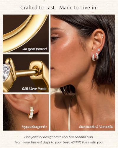 ASHINE 14k Gold Plated Huggie Earrings for Women, Small Hypoallergenic Stainless Steel Post Cuff Hoop Ear Ring Trendy Non Tarnish Cartilage Piercing Dainty Cubic Zirconia Jewelry - color: Gold