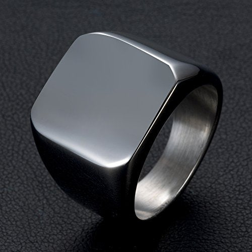 Stainless Steel Signet Ring for Men Solid Square Biker Rings Matte Brushed/Polished Finish - color: Polished, Silver
