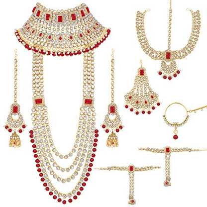 Aheli Traditional Wedding Indian Bharatanatyam jewellery set Long Choker Necklace Earrings Maang Tikka Nath Paasa Hath Phool for Women - color: Red