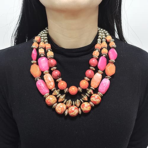 Bocar 3 Layer Chunky Statement Beaded Necklace and Earrings Set, Fashion Multi Layer Women Collar Necklace Jewelry Set - color: Orange