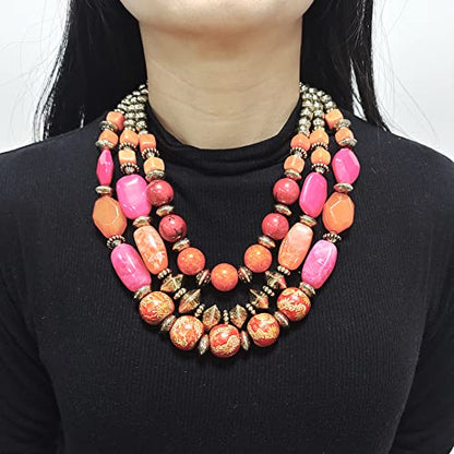 Bocar 3 Layer Chunky Statement Beaded Necklace and Earrings Set, Fashion Multi Layer Women Collar Necklace Jewelry Set - color: Orange