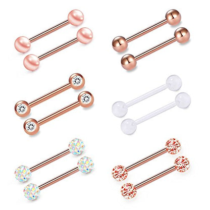 VCMART 12mm-18mm 14G Tongue Rings Nipple Straight Barbells Surgical Steel Body Piercing Jewelry - style: Style E3 -12pcs, rose gold