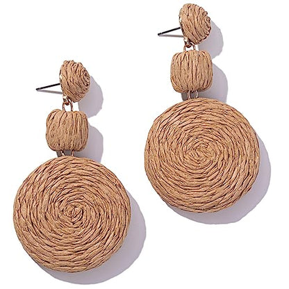 Statement Raffia Boho Round Dangle Ball Earrings - Cute Handmade Summer Bohemian Dangling Jewelry for Women - color: Wheat