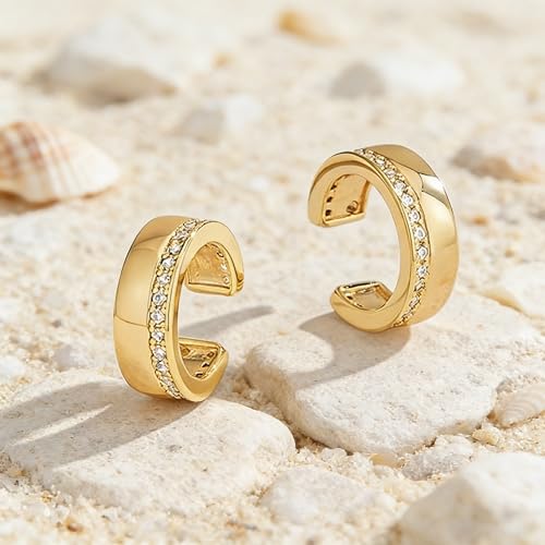 Bemoly Ear Cuff Earrings for Women 14K Gold Plated Cubic Zirconia Dangle Huggie Ear Cuffs Non Piercing | Clip On Cartilage - style: H-1 Row cz-Pair