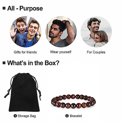 M MOOHAM Mens Bracelet - Beaded Natural Stone 8mm Tiger Eye Matte Agate Lava Rock Bracelets for Men Teen Boys Grandpa Dad Birthday Gifts Jewelry - style: Red Tiger Eye Bracelet