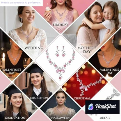 Kamirola Women's Wedding Jewelry Leaf Cluster Flower Crystal Dangle Earrings Pendant Necklace Set for BridalCrystal Bridal Jewelry Set - color: Silver Pink