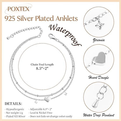 Gold/Sterling Silver Anklet Bracelets for Women Waterproof, Non Tarnish 925 Sterling Sliver Plated Heart Evileye Butterfly Charm, Dainty Summer Beach Anklets for Women, Beach Vacation Bikini Outfits for Her Mom - style: Heart-Silver