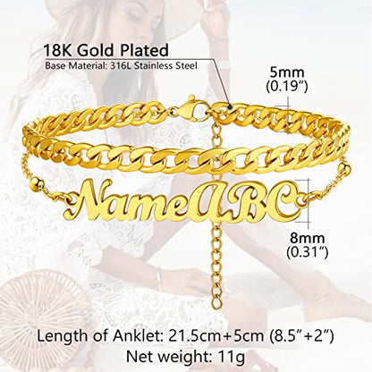 PROSTEEL Trendy Handcuffs Design/Customize Words Ankle Bracelet For Women, 316L Stainless Steel Anklets Silver/Gold/Black Tone, Hypoallergenic, Come with Box - style: 08 Customize-Cuban Link(8.5"-10.5")-Luxury Gold