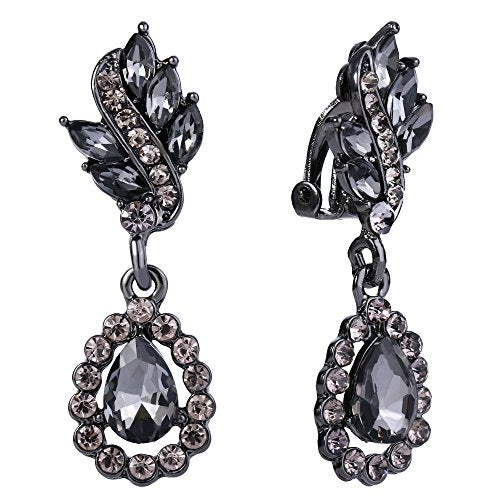 EleQueen Women's Austrian Crystal Art Deco Tear Drop Dangle Earrings Clip-on - color: 05-Black-tone Black