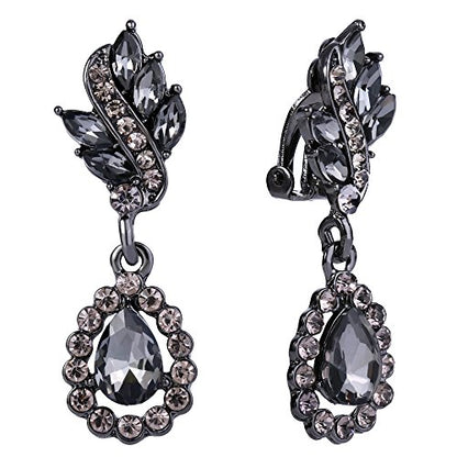 EleQueen Women's Austrian Crystal Art Deco Tear Drop Dangle Earrings Clip-on - color: 05-Black-tone Black
