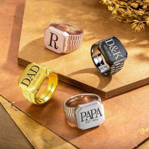 AILIN Custom Picture Rings For Men Personalized Engraved Monogram Initial Number Family Crest Coat of Arms Signet Rings For Father Son Family Memorial Dad Rings Class Graduation Gifts For Papa - style: Square Style
