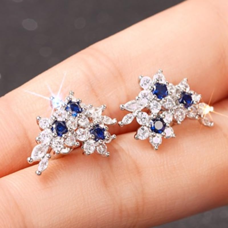 Exquisite Flower Blue Synthetic Gemstone Climber Stud Earrings for Women Wedding Party Earrings Jewelry - color: Silver