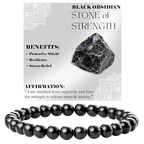 Bivei 6mm Beaded Bracelets for Women Handmade Semi Precious Natural Stone Stretch Elastic Jewelry Yoga Protection Gifts - color: Black Obsidian - Strength, size: Small 6.5-6.7 inch