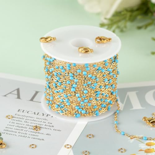 KYUNHOO 16.4 Feet Light Blue Beaded Chain Spool for Jewelry Making Supplies | Gold Plated Stainless Steel Jewelry Making Chains Bulk with Lobster Clasps Jump Rings for Jewelry Crafts DIY - color: Gold-Blue-2mm