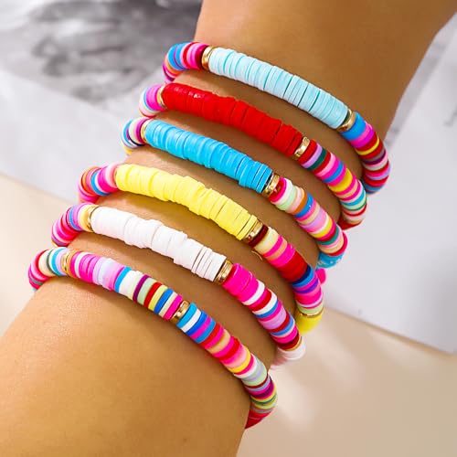 Friendship Bracelets for Women - Heishi Surfer Colorful Smile Evil Eye Clay Beaded Stretch Bracelets Elastic Layering - Stackable Boho Disc Y2K Aesthetic Summer Jewelry Set. - color: Heishi-6pc-colorful