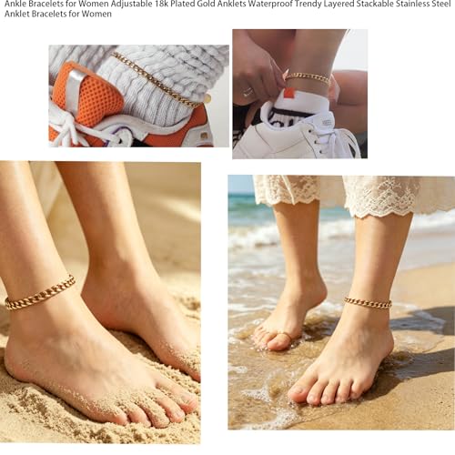 Ankle Bracelets for Women Adjustable 18k Plated Gold Anklets Water Proof Stainless Steel Cuban Link Anklet Chains Beachy Womens Big ankles Anklet Fashion Accessories (silver) - color: Gold