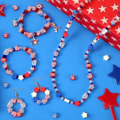 Patriotic Clay Beads,300Pcs Red White and Blue Beads for Bracelets | Polymer Clay, 4th of July Crafts, Making Independence Day Bracelets, 300Pcs Red White Blue Stars Hearts and Mixed Shapes - color: Red White Blue