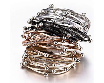 Fesciory Leather Wrap Bracelets for Women, Boho Western Layered Jewelry | Layered leather cuff bracelets, Easy on and off, Boho western style, Daily wear, Gift for women - color: Black 2
