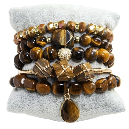 Yomisa Boho Beaded Bracelets/Bangle for Women,Multilayer 5/6/7PCS Healing Natural Handmade Stone Bead Bracelets Stackable Stretch Friendship Beaded Bracelet Set Trendy Western Bohemian Jewelry Gift - color: 5pcs-Tiger eye