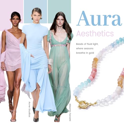 KissYan Beaded Gemstone Necklaces for Women | Colorful Bead Natural Stone Choker with 14K Gold Plated Spring Ring Clasp, Handmade Knot Jewelry for Summer Beach - color: V-Aura
