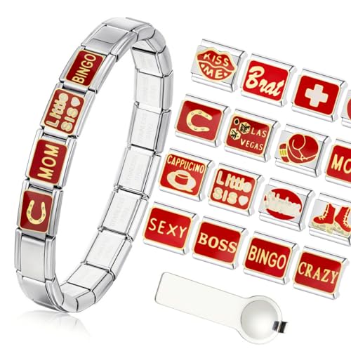 Italian Charms Bracelet Sets Heart Brascelet,18 of Charms and Opening Tools (8 Random Pattern and 10 Blank Modules) - style: Red Phrase-Silvery