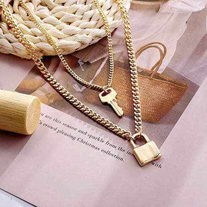 Turandoss Dainty Layered Choker Necklace, Handmade Y Pendant Necklace Multilayer Bar Disc Necklace Adjustable Layering Choker Necklaces for Women - style: 2PCS - Key&Lock