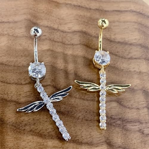 14G Crystal Wing Dangle Belly Button Ring for Women Cubic Zirconia Belly Curved Navel Barbell Dangle Piercing Sparkling Body Piercing Jewelry - color: Gold