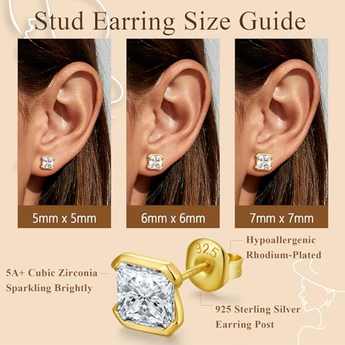 Brilliant Heart-cut/Oval-cut/Trillion-cut/Cushion-cut/Emerald-cut/Marquise-cut Stud, 925 Sterling Silver Cubic Zirconia Stud Earrings for Women Men - style: H-Square-cut-Yellow