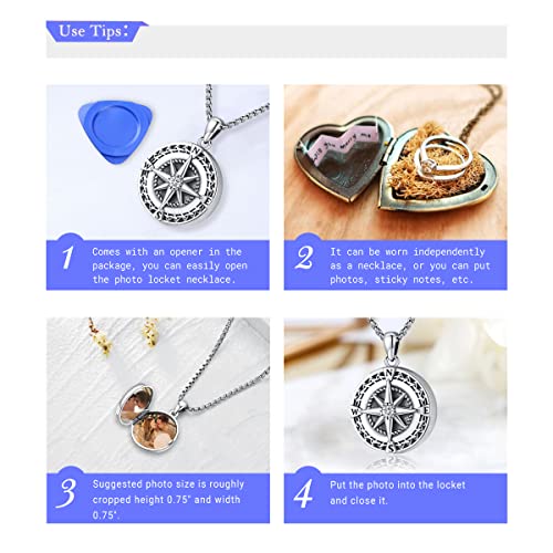 Compass Necklace for Women Men 925 Sterling Silver Pendant Urn Necklaces for Ashes Picture Locket Necklace Anchor Necklace Viking Necklace Crystals CZ Moonstone Abalone Shell Turquoise Compass Jewelry - color: Q-I-Compass Picture Locket, style: Locket