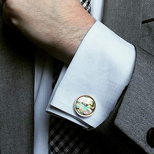 HAWSON Cufflinks and Tuxedo Studs Set for Men with Gift Box, Mother-of-Pearl Cuff links for French Cuff Shirt and Dress Shirt, Suitable for Wedding, Birthday, Party - style: Rose Gold & Abalone Shell