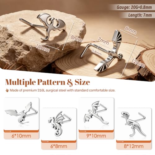 6PCS Dragon Nose Stud Gothic Nostril Ring for Women Men | 316L Surgical Stainless Steel, Fantasy Punk Piercing Jewelry, For Sensitive Skin, L-Shape - color: Silver