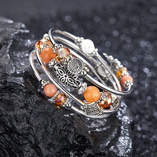 FULU AUTUMN Stackable Beaded Bracelets for Women Boho Wrap Silver Bracelet Layered Fashion Jewelry Gifts for Her - color: Orange